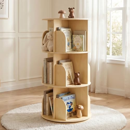 Shaneroady 3-Tier Rotating Bookshelf Wooden Spinning Bookcase with 360 Revolving Storage Round Book Shelf Organizer for Kids Books Toys Bedroom Playroom Living Room and Reading Corner