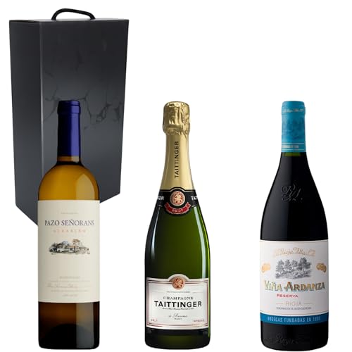 Pack Vinos & Champagne | Champan Taittinger, Vino Blanco Pazo de Señorans y Vino Tinto Viña Ardanza | Caja Regalo Gourmet x3 Botella | Mejor Selección ENOVINOS