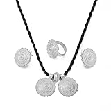 Anniyo African Necklaces Earrings Ring With Black Rope Ethiopian Jewelry Sets Eritrean Engagement Ornament Women (Silver Color)