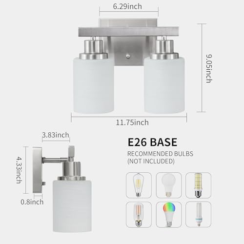 Image of 2-Light Nickel Vanity Light Bathroom Light Fixture Over Mirror | White Frosted Ribbed Glass Shade Brushed Nickel Bathroom Wall Lamp Sconces for Mirror Bedroom Hallway Small Space E26 Base