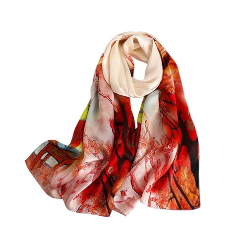 MEISEE 100% Mulberry Silk Long Scarf for Women Large Oblong Sunscreen Shawls Wraps Neck Headscarf Hair Wraps with Gift Packed (23-Red + Beige Oil Painting)