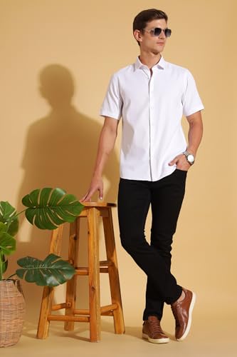 Image of Fyltr Men's Regular Fit Cotton Blend Shirt - Half Sleeve | Stylized Collar Band | Formal Shirts for Men