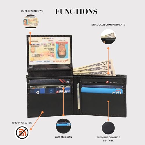 Men's Genuine Leather Bifold Wallet RFID Blocking, 2 ID Windows, 6 Card Slots, Extra Capacity3