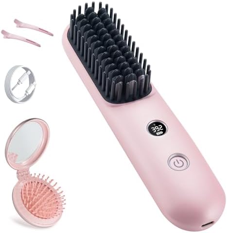 STUDLLY LCD Screen Cordless Hair Straightener Curler 2 in 1, Portable Mini Hair Straightening Brush for Travel Negative Ionic Fast Heating Hot Comb for Women, Folding Brush with Mirror, Pink