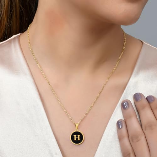 Image of Giftana Alphabet Locket with Chain, Black Enamel Letter A-Z Pendant Necklace for Woman and Girls, Personalized Initial Name Gold Plated Pendant Necklace Gift for Girlfriend, Sister