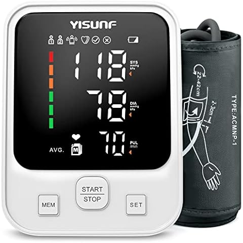 Yisunf Blutdruckmessgerät Oberarm Vollautomatische Digitales Blutdruckmessgerät und Pulsmesser-Detektor, Mit Arrhythmie-Erkennung, Großes LED Display, 22-42 cm Große Manschette, 2x90 Dual-User (Weiß) Cover