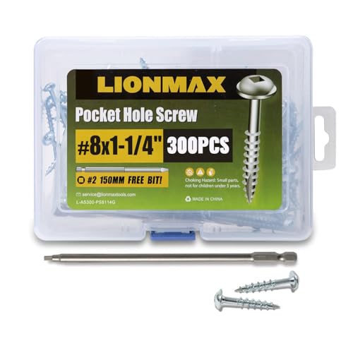 Image of LIONMAX Pocket Hole Screws 1-1 /4 Inch, 300 PCS, Interior #8 Pocket Screws | Galvanized, Rust Resistant, Coarse Thread, Square Drive, Washer Head, Zinc Plated, Self Tapping, 150MM Drive Bit Included