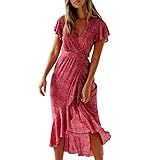 Women's Bow Ruffles Party Pencil Long Dress Bandage Dresses Casual Summer V Neck Floral Beach Party Sundress Holiday Dress, Red