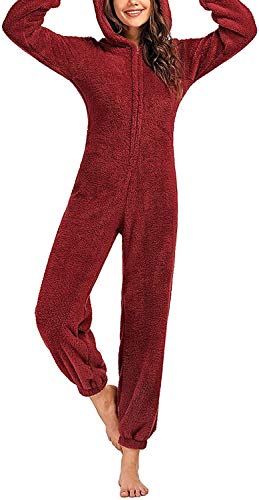 N /D Pijama de una pieza para mujeres y niños, mono de dibujos animados con capucha de oso mullido, cálido, sherpa, ropa de dormir para el hogar, conjunto de pijamas de Navidad a juego (color: rojo