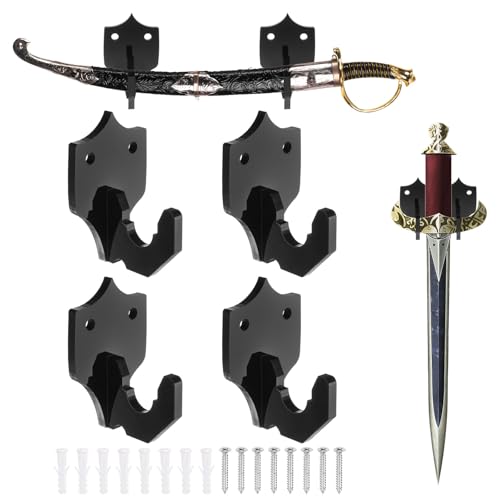 uxcell 4 Pcs Sword Holder Wall Mount Sword Racks Acrylic Wall Sword Display Hanger with Mounting Tools for Knife Martial Arts Sword Placement Display, Black(Shield)