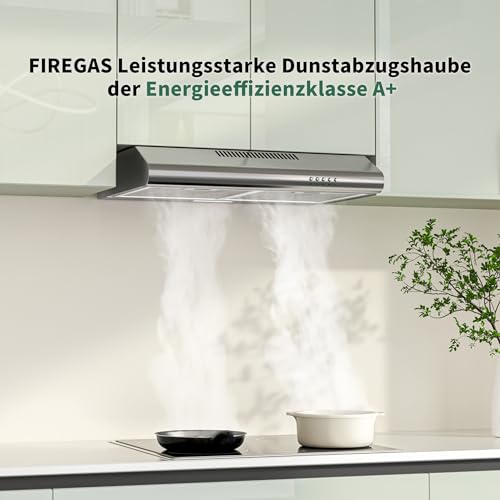 FIREGAS Dunstabzugshaube 60 cm, Umluft- und Abluftbetrieb, 250 m³/h, 3 Leistungsstufen, inkl. Kohlefilter, energieeffizient A+, leise, LED-Beleuchtung, Edelstahl