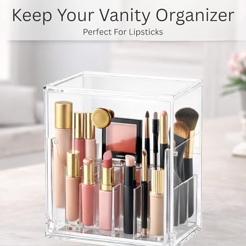 Image of KREPS Makeup Brush Holder with Lid,360 Rotating Makeup Organizer, Nail Polish Perfume Lipstick Pen-Pencil Paint Brush Stationary Organizer, Multifunctional Dressing Table Storage (Crystal Clear)