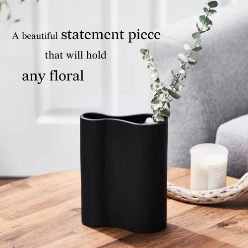 Luxe Infinity Black Vase. 9” Ribbed Vase For Flowers. Organic Modern Home Decor. Pampas Grass Vase. Fluted Vase. Modern Vase. Aesthetic Vase. Tall Black Flower Vase For Decor.  Black Ceramic Vase #TOP6