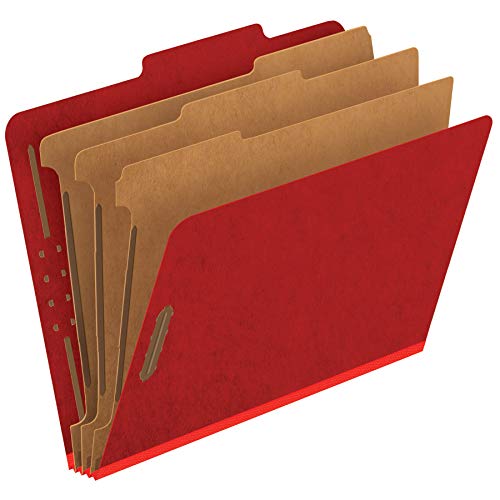Pendaflex Pressboard Classification File Folders, 3 Dividers, 2" Embedded Fasteners, 2/5 Tab Cut, Letter Size, Bright Red