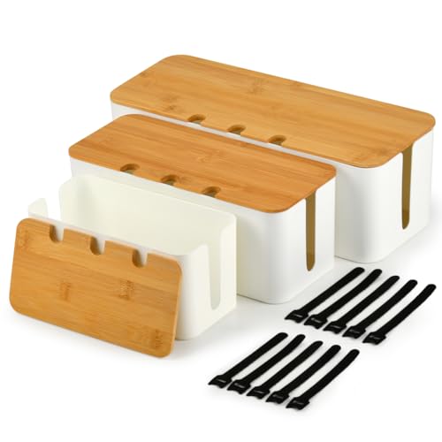 BOPEUY 3 Piezas Caja Organizadora Cables, Caja Organizadora de Cables con Tapa de Bambú, Organizador Cables Caja con Agujeros Arriba y a Los Lados, Caja Cables, para Hogar y Oficina - Blanco, L/M/S