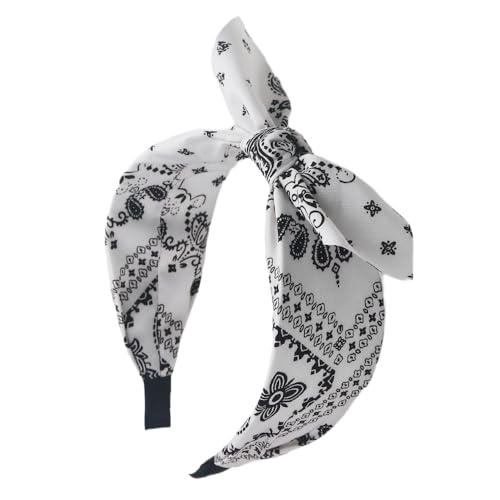 Image of White Bandana Boho Headband for Women - Paisley Print Top Knot Hair Band With Bow - Halloween Girls Hair Accessories