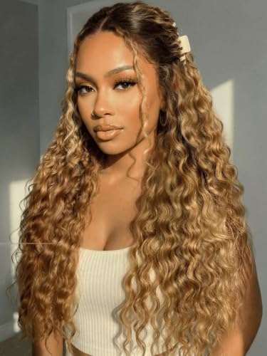 Image of KLAIYI 13x4Bye Bye Slip Highlight Golden Blonde Water Wave Pre Everything Lace Front Wigs Human Hair Drawstring Caramel Brown Curly Glueless Pre Plucked Bleached Knots Ready to Wear and Go Wig 22Inch