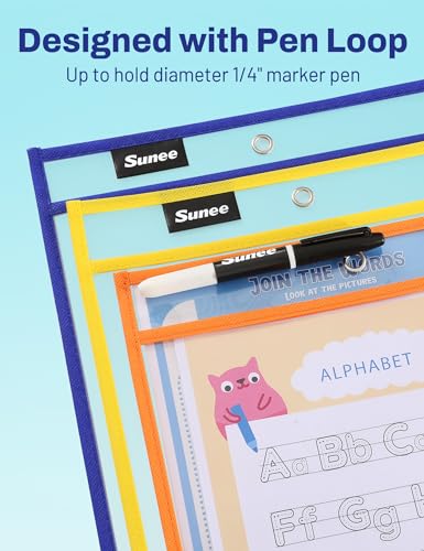 SUNEE 30 Packs Oversized Reusable Dry Erase Pocket Sleeves with 2 Rings, 10 Assorted Colors 10x14 Ticket Holders, Clear Plastic Sheet Protectors, Teacher School Classroom Supplies