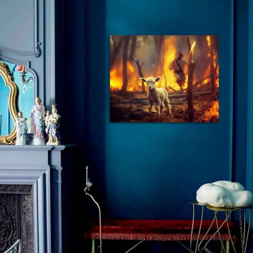 Image of Jesus and Lamb Canvas Wall Art Lamb Lost in the Forest Fire Picture Wall Art Canvas Print Christian Home Decor 12x16 inch