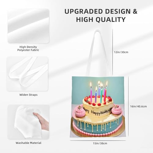 Happy Birthday Big Cake Print Polyester Canvas Tote Bag, Shopping Bag With Reinforced Handles, Reusable4
