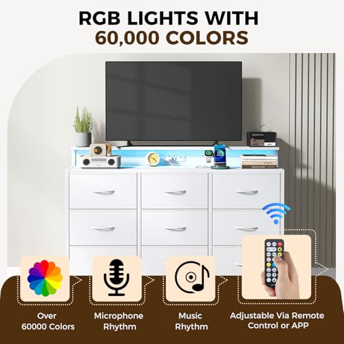 Image of NEWBULIG Wooden Top Media Console for 32-52 inch Dresser TV Stand with 9 Fabric Drawers & Open Shelves, Entertainment Center with LED Lights & Charging Station for Bedroom, White