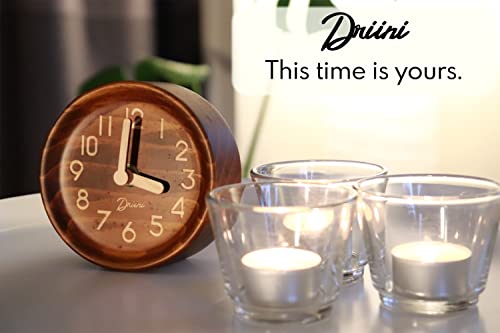 Driini Wooden Analog Desktop Clock – 4.3 In. Decorative Pinewood Clock, No-Tick Design – Easy To Read Silent Sweep Mantle Clock – Quiet Tabletop Clocks With Wood Body, Hands, & Battery Cover; Dark #TOP1