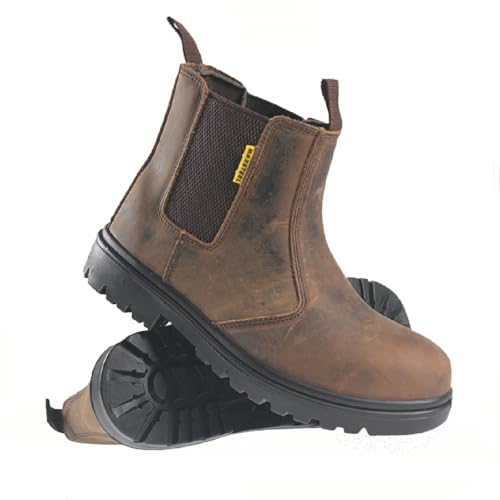 MENS SAFETY DEALER BOOTS CHELSEA LIGHTWEIGHT SLIP ON LEATHER ANKLE WORK STEEL TOE CAP SHOES SZ (DARK BROWN UK Footwear Size System Adult Men Numeric Medium 8)