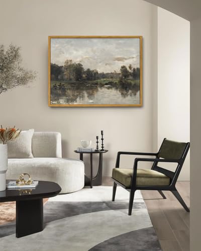 Image of KISSFOX Framed Vintage Landscape Wall Art Natural Scenery Canvas Prints Colorful Painting Artwork Rustic Farmhouse Pictures Decor Living Room Office Bedroom Bathroom Kitchen