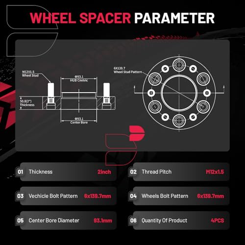 Image of BDFHYK 6x139.7mm Wheel Spacers 2 inch 6x5.5 Hubcentric Wheel Spacer Compatible with 21-23 Bronco,11-23 Ranger, Forged 6 Lug Wheel Adapters M12x1.5 & 93.1mm Hub Bore, Set of 4