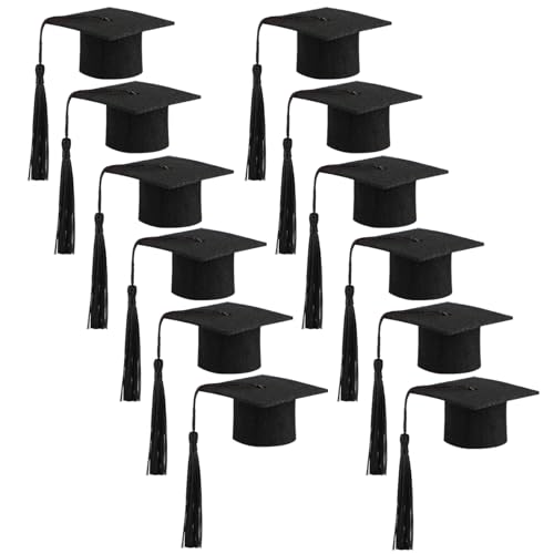 FOIMAS 12pcs Mini Graduation Cap Felt Graduation Hat with Tassels Wine Bottle Topper for Graduation Party Decoration Supply Black