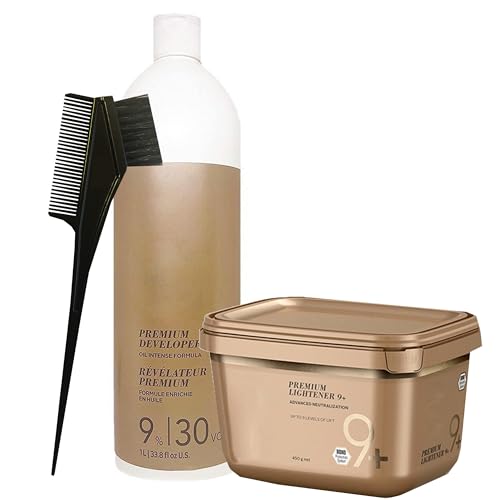 BlondeMe Lightener 9+ Premium Bleach 450 grams, Blonde Me Developer 9% / 30 Vol 1 Liter and M Hair Designs Tint Brush Comb (Bundle), Off White