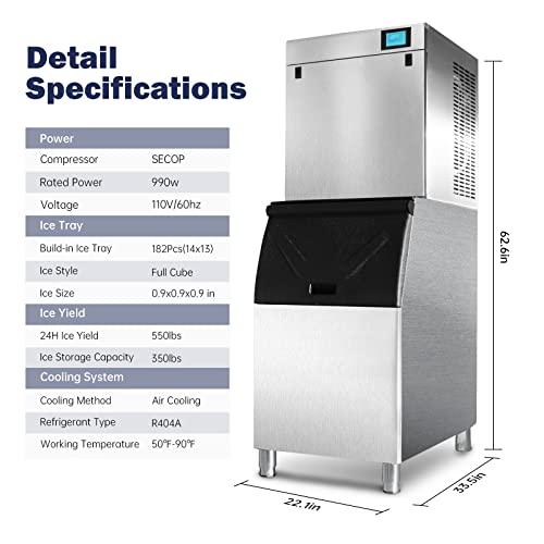 22" Commercial Ice Maker Machine 550Lbs/24H With 350Lbs Large Storage Bin, 990W Secop Compressor, Air Cooled, Automatic Cleaning, Perfect For Restaurants, Bars, Cafes And Other Businesses (Full Ice) #TOP6