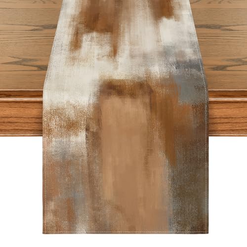 Artoid Mode Brown Abstract Modern Art Table Runner, Seasonal Farmhouse Style Kitchen Dining Table Decoration for Home Party Decor 13x72 Inch