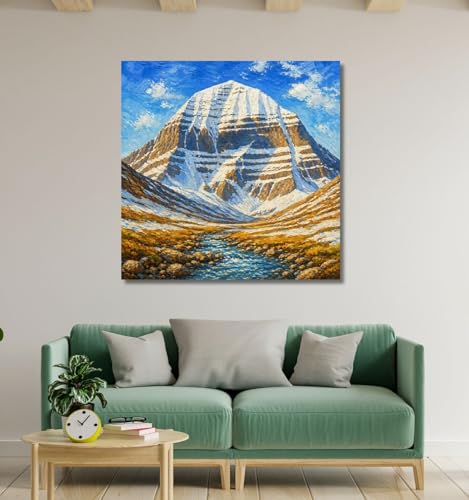 Image of Kunj Cart Mount Kailash Painting | 10+ DESIGNS | Kailash Parvat Canvas Painting for Living Room, Temple Home & Office Wall Decoration (Blue Kailash Mountain, 18x18 Inch, Framed)
