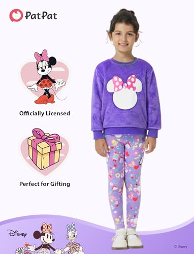 Image of Disney Minnie Mouse Toddler Girl's 2 Piece Outfits Fuzzy Fleece Pullover All-Over Print Leggings Fall Winter Set Purple 4-5T