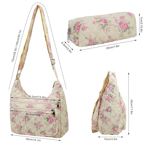 2-Piece Set Women's Small Floral Quilted Crossbody Bag and Tote, Multi-Pocket Shoulder Handbags for Everyday Use, Travel3
