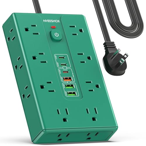 NVEESHOX Power Strip Surge Protector - 16 AC Multiple Outlets with 6 USB Ports (3 USB C),6.5 Ft Long Heavy Duty Extension Cord,Flat Plug Charging Station with Overload Protection for Home Office