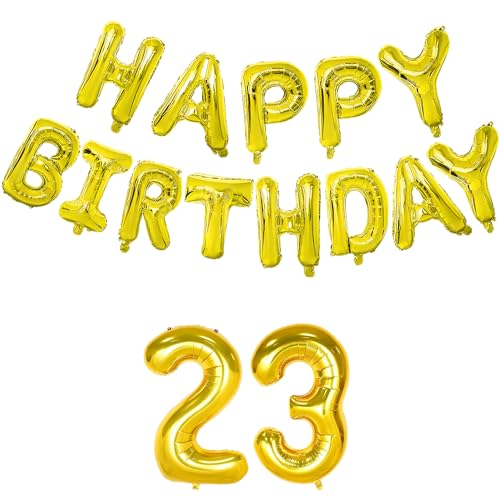 Image of Flyloons 23rd Golden Colour Happy Birthday Foil Balloon Banner Set for 23 Year Old Men | with Number Twenty-three | 13 Letters Reusable Happy Birthday Metallic Foil Balloons Decoration Kit,15 pcs