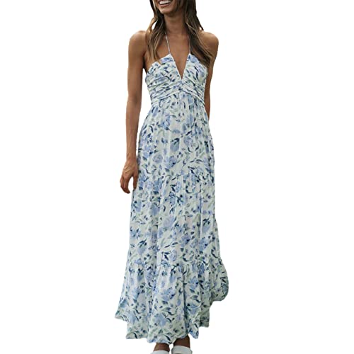 Women's Halter Neck Floral Maxi Dress 2024 Summer Boho Long Sundress Sexy Sleeveless Backless Flowy Ruffle Dress