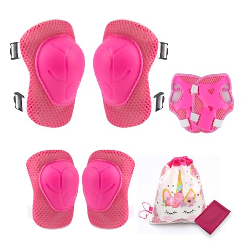 SSKHE Set di 8 ginocchiere rosa per bambini, protezioni per gomiti, con borsa portaoggetti con coulisse e asciugamano, attrezzatura comoda regolabile per pattini a rotelle, scooter, pattinaggio,
