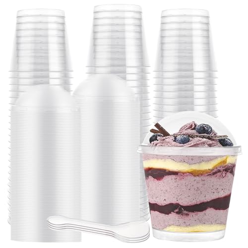 GBACHOOSE 100 copos de sobremesa 210 ml, reutilizáveis copos aperitivos plástico com tampa e colher, copos de sobremesa reutilizáveis para mousse, pudim, gelados, iogurte, gelatina, bolos