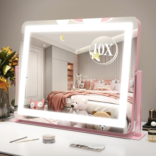 Image of ROLOVE 22x16 Inch Pink Vanity Mirror with Lights,Dimmable LED Lights,3 Color Modes, Smart Touch Control,10X Magnification,Light up Makeup Mirror for Desk, Gift for Teen Girls