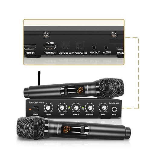 Sound Town Wireless Microphone Karaoke Mixer System with HD Audio Return Channel, Optical (Toslink), AUX, Supports Smart TV, Media Box, PC, Bluetooth, Soundbar, Receiver (SWM16-MAX)