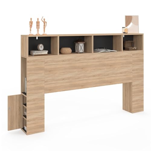 IDMarket - Tête de lit sur Pied Cleo 165 cm avec rangements fermés et niches façon hêtre et Noir