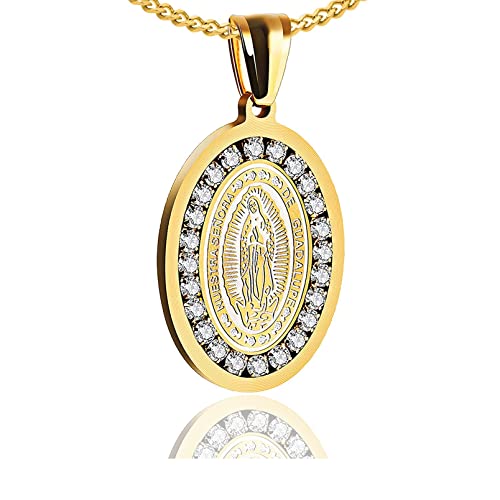 Fashion Stainless Steel Santa Maria Guadalupe Pendant Crystal Necklace,22inches Link Chain
