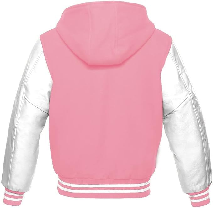 Hooded Varsity Jacket Women, Baseball Letterman Wool Body Genuine Leather Sleeves Bomber Jackets with Hood2