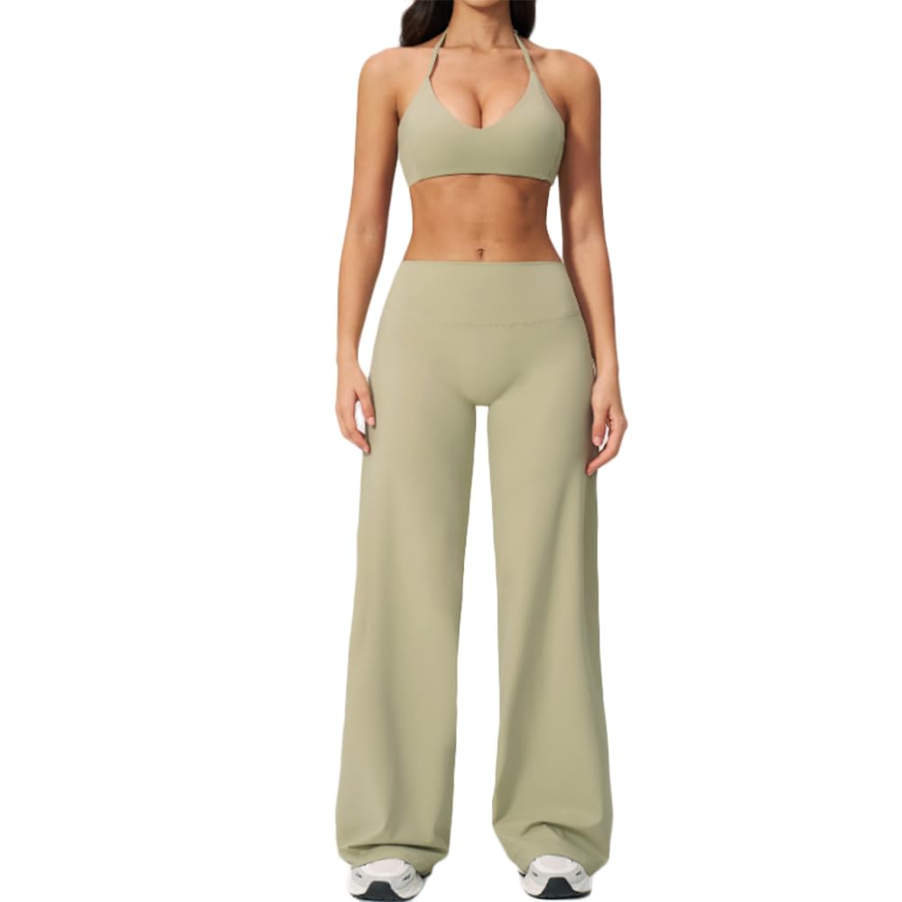 XYFfybhsd Women 2Pcs Casual Yoga Suit Straight Leg Wide Leg Pants Halter Neck Workout Bras Sports Fitness Set(Size:L,Color:Green)