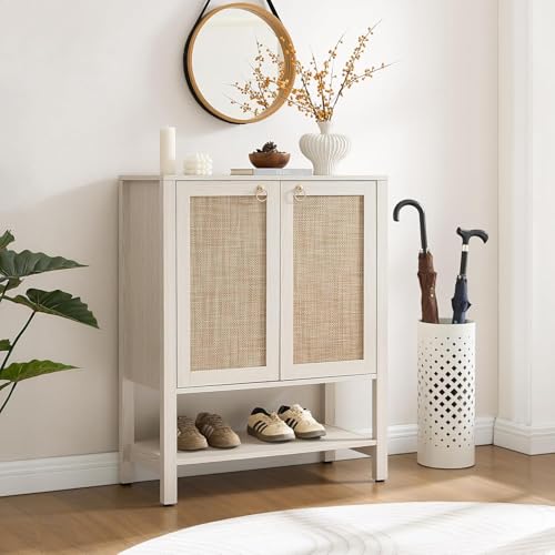 Image of SICOTAS Rattan Shoe Cabinet with Storage - 5 Tier Farmhouse Boho Shoe Organizer Storage Cabinet with Shelves & Doors, Tall Shoe Rack Cabinet for Entryway, Living Room, Closet (White Cream Oak)