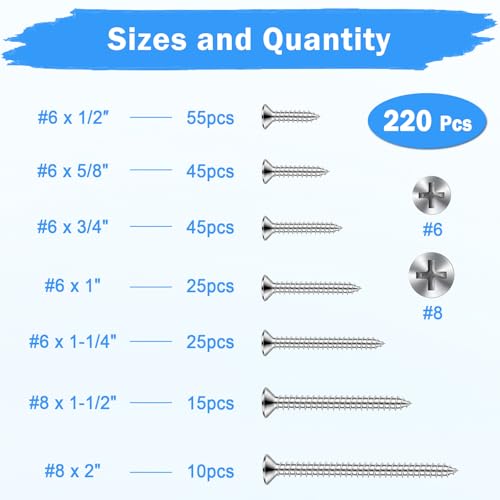 Kit surtido de 220 tornillos para madera, acero inoxidable 304, cabeza plana con sistema de ajuste Phillips, 7 tamaños (2", 1-1/2", 1-1/4", 1", 3/4", 5/8", 1/2") miniatura 2