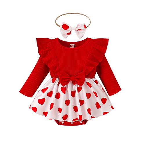 Baby Mädchen Valentinstag Strampler Liebesherzen Kleid kleiden runde Hals Rüle Schulter Langarm Liebes Herzen Rock Saum Body mit Bogenknoten Stirnband (Rot2 , 0-6 Months ) Cover